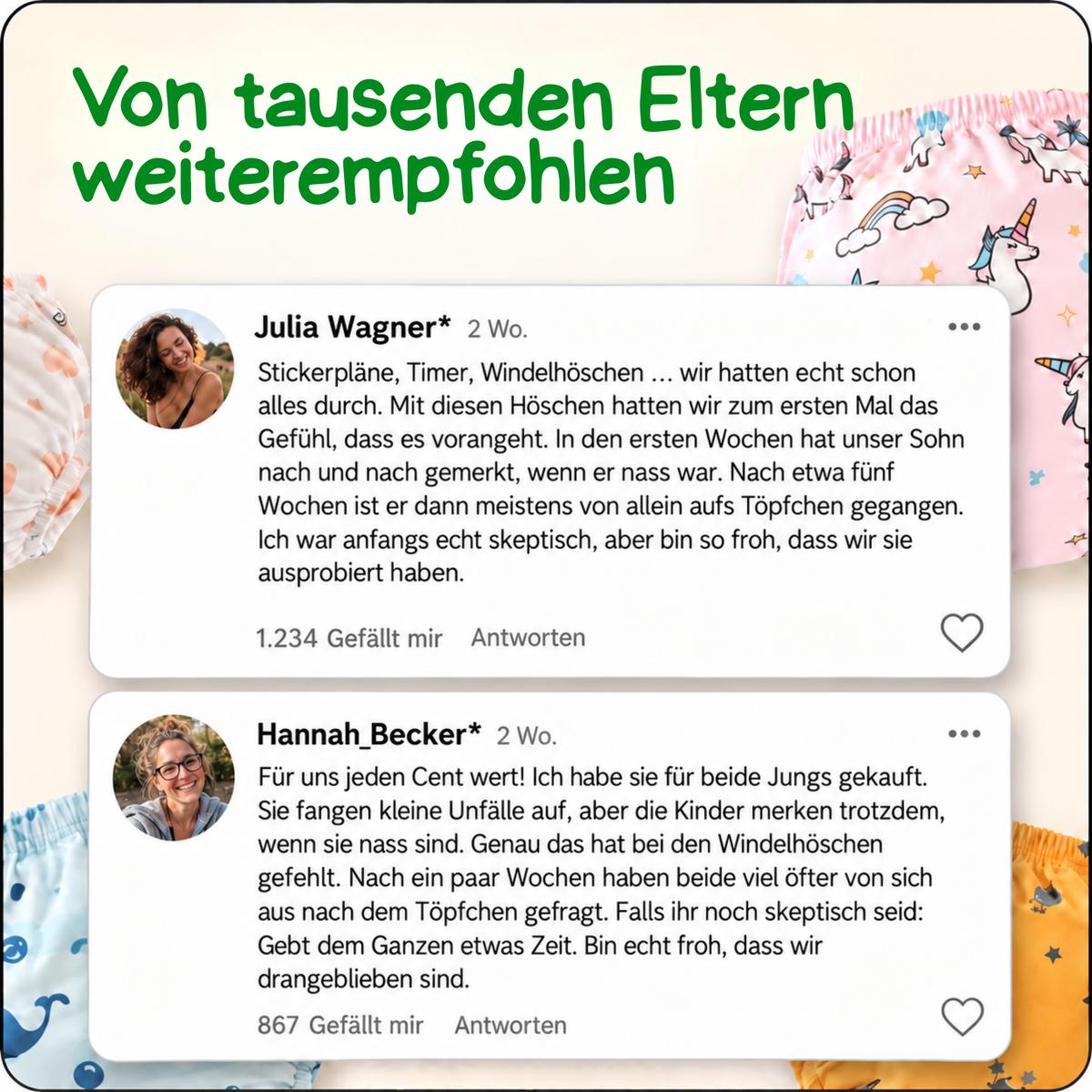 6-Lagen-Trainingsunterhose fürs Töpfchentraining – hilft beim Lernen & schützt Unser 6-Lagen Körpersignal-System™ hilft Kleinkindern, Nässe wahrzunehmen und zu lernen, wann sie aufs Töpfchen müssen, und fängt kleine Missgeschicke auf.