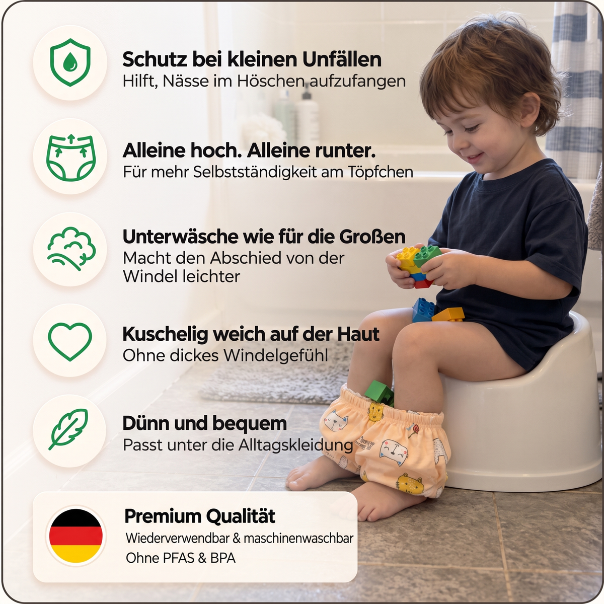6-Lagen-Trainingsunterhose fürs Töpfchentraining – hilft beim Lernen & schützt Unser 6-Lagen Körpersignal-System™ hilft Kleinkindern, Nässe wahrzunehmen und zu lernen, wann sie aufs Töpfchen müssen, und fängt kleine Missgeschicke auf.